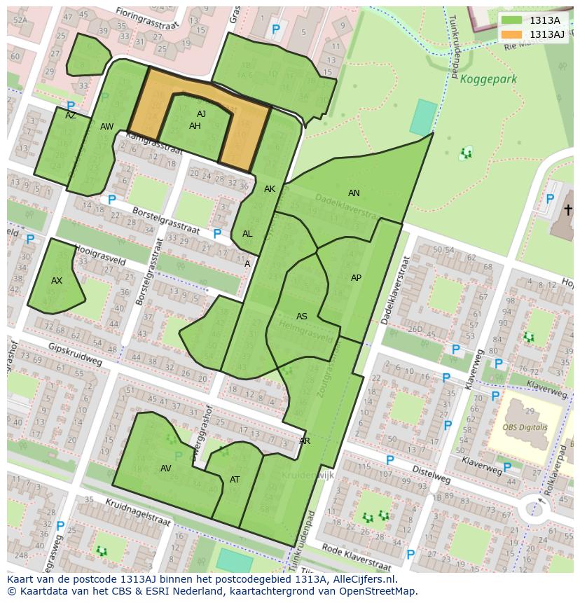 Afbeelding van het postcodegebied 1313 AJ op de kaart.