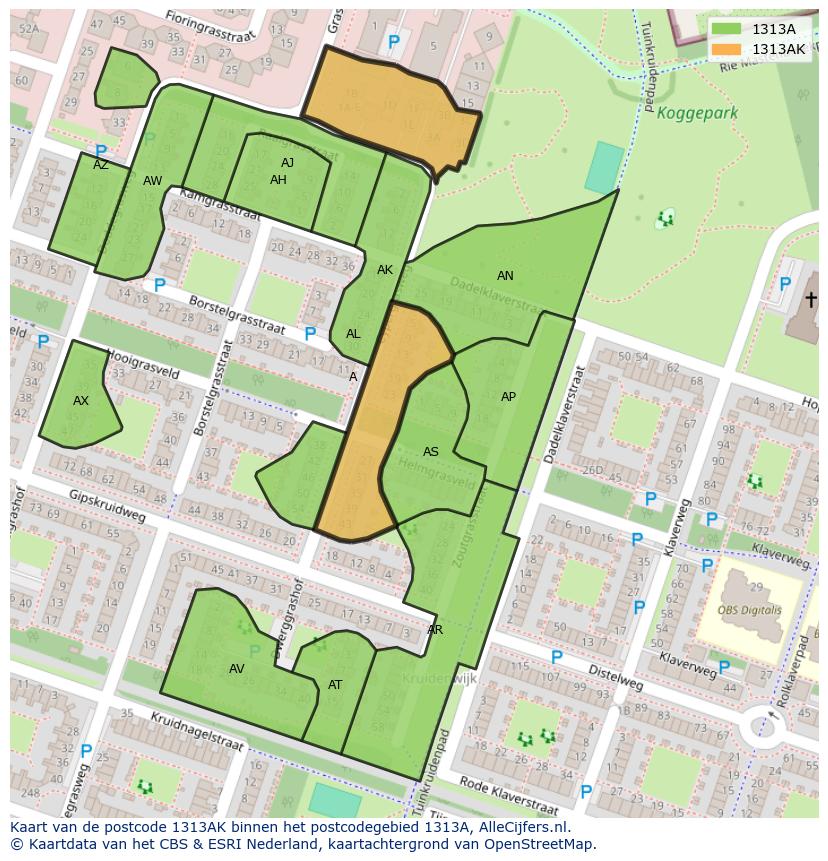 Afbeelding van het postcodegebied 1313 AK op de kaart.