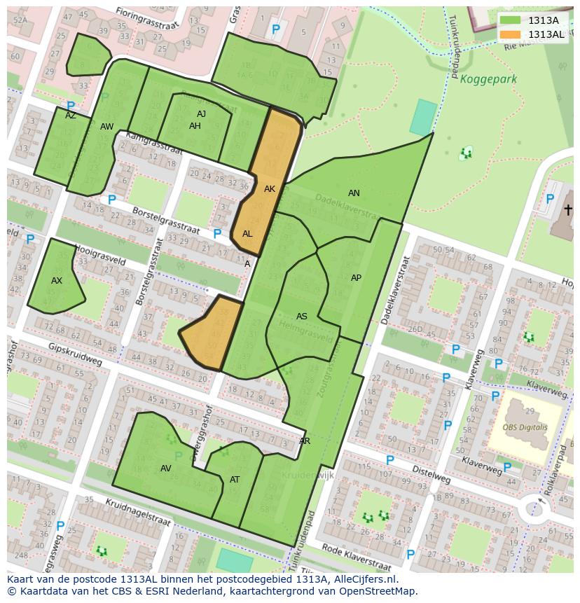 Afbeelding van het postcodegebied 1313 AL op de kaart.