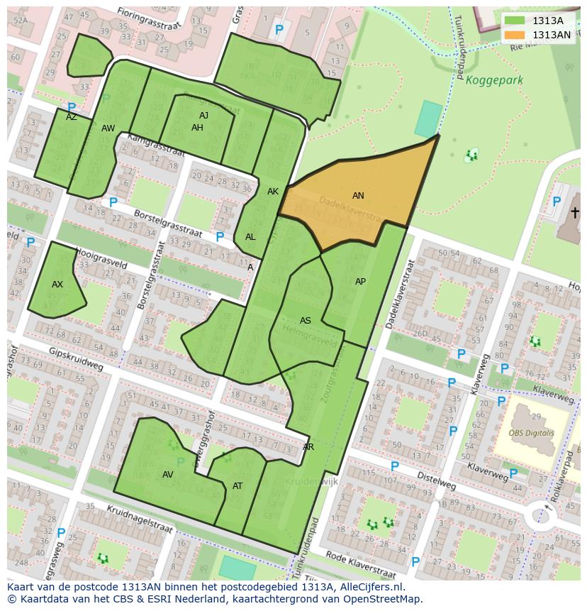 Afbeelding van het postcodegebied 1313 AN op de kaart.