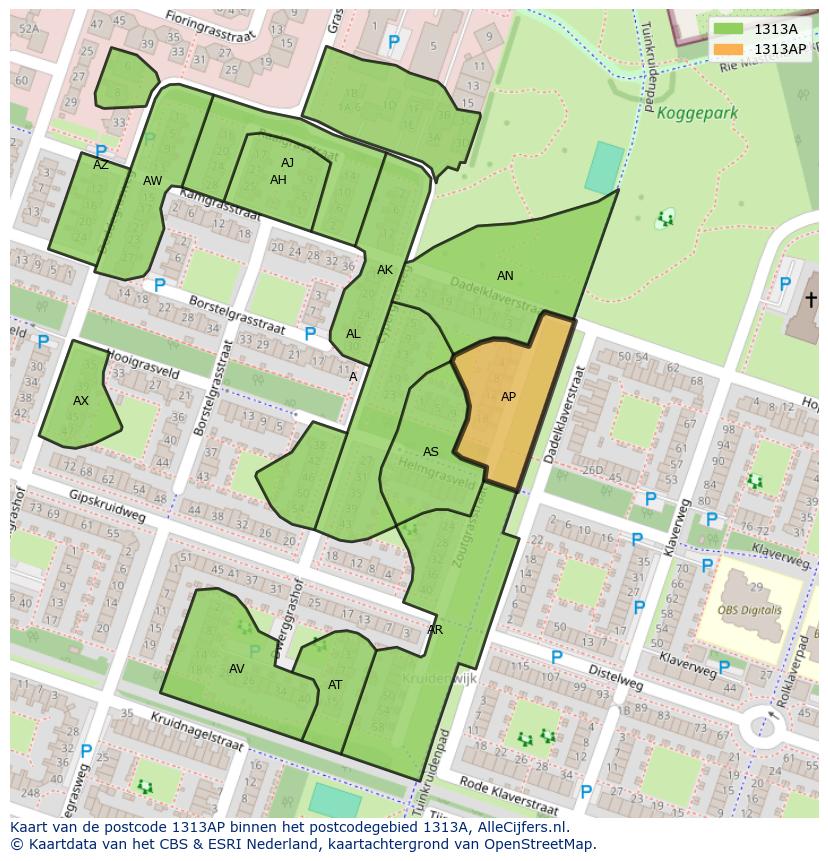 Afbeelding van het postcodegebied 1313 AP op de kaart.