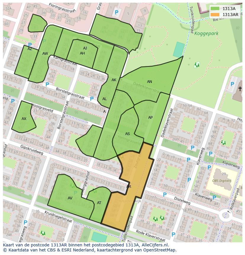 Afbeelding van het postcodegebied 1313 AR op de kaart.
