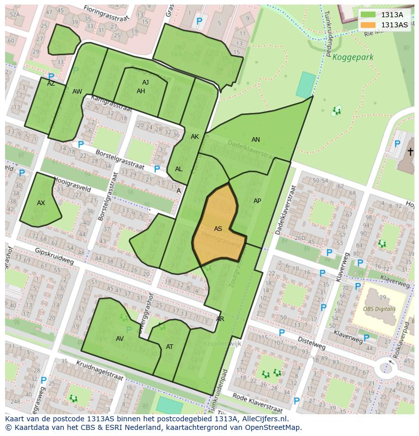 Afbeelding van het postcodegebied 1313 AS op de kaart.