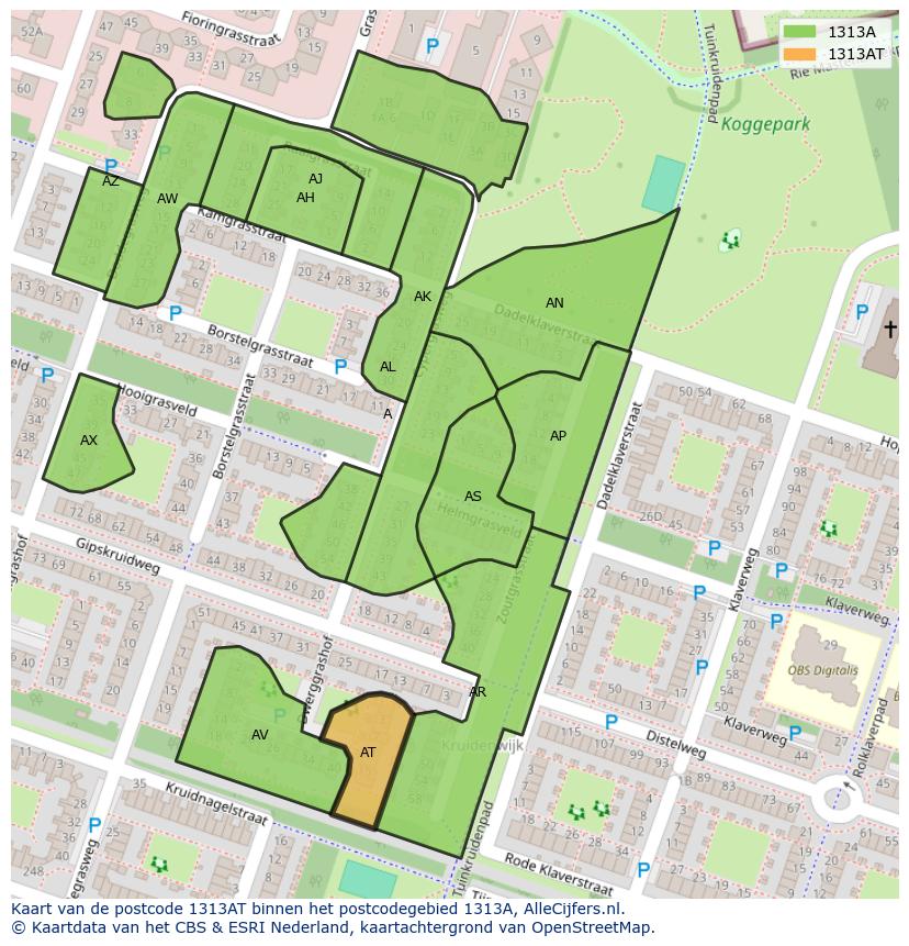 Afbeelding van het postcodegebied 1313 AT op de kaart.