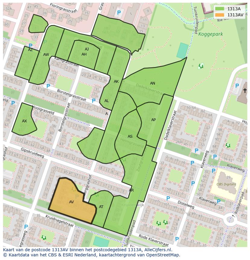 Afbeelding van het postcodegebied 1313 AV op de kaart.