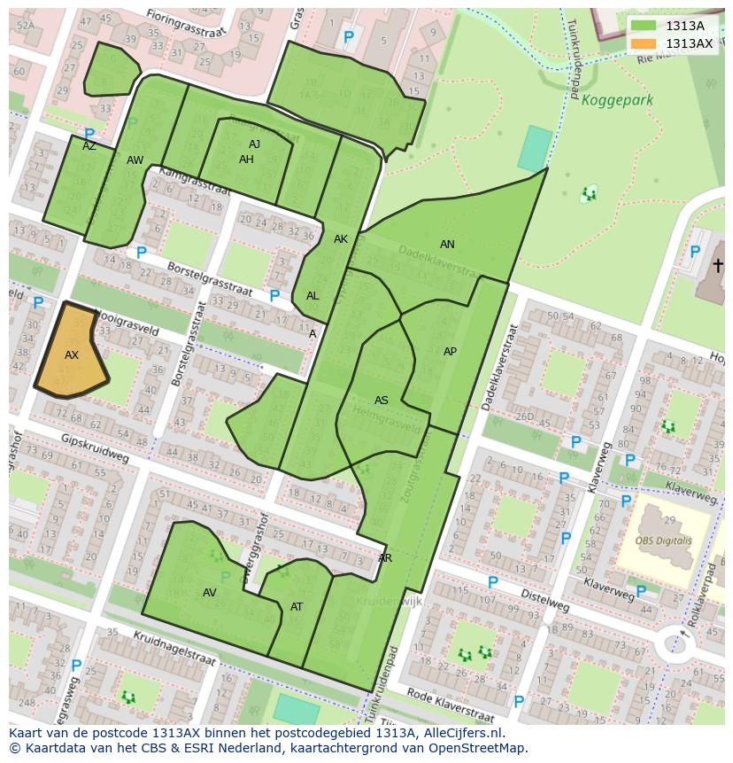 Afbeelding van het postcodegebied 1313 AX op de kaart.