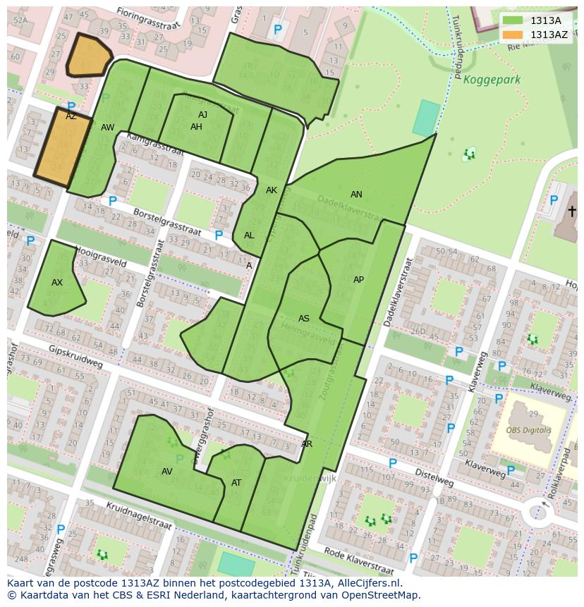 Afbeelding van het postcodegebied 1313 AZ op de kaart.