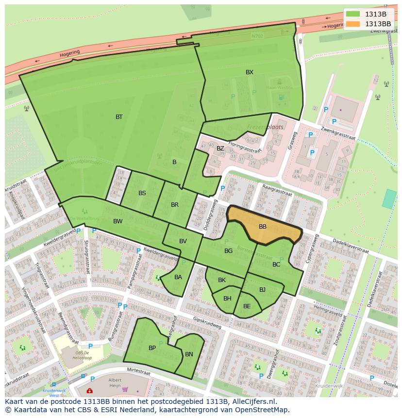 Afbeelding van het postcodegebied 1313 BB op de kaart.