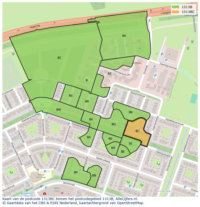 Afbeelding van het postcodegebied 1313 BC op de kaart.