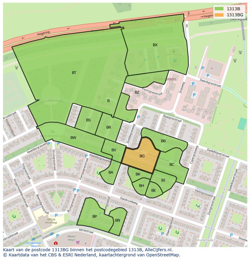 Afbeelding van het postcodegebied 1313 BG op de kaart.