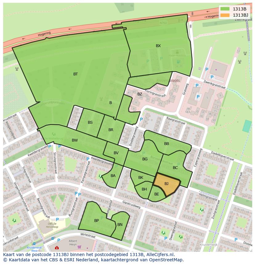 Afbeelding van het postcodegebied 1313 BJ op de kaart.