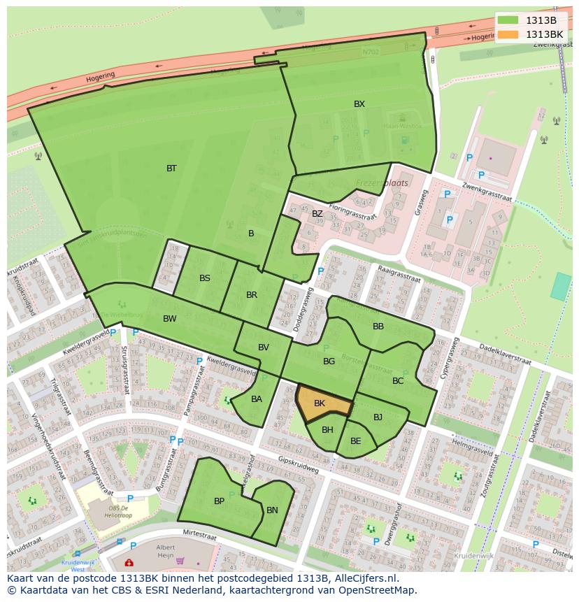 Afbeelding van het postcodegebied 1313 BK op de kaart.
