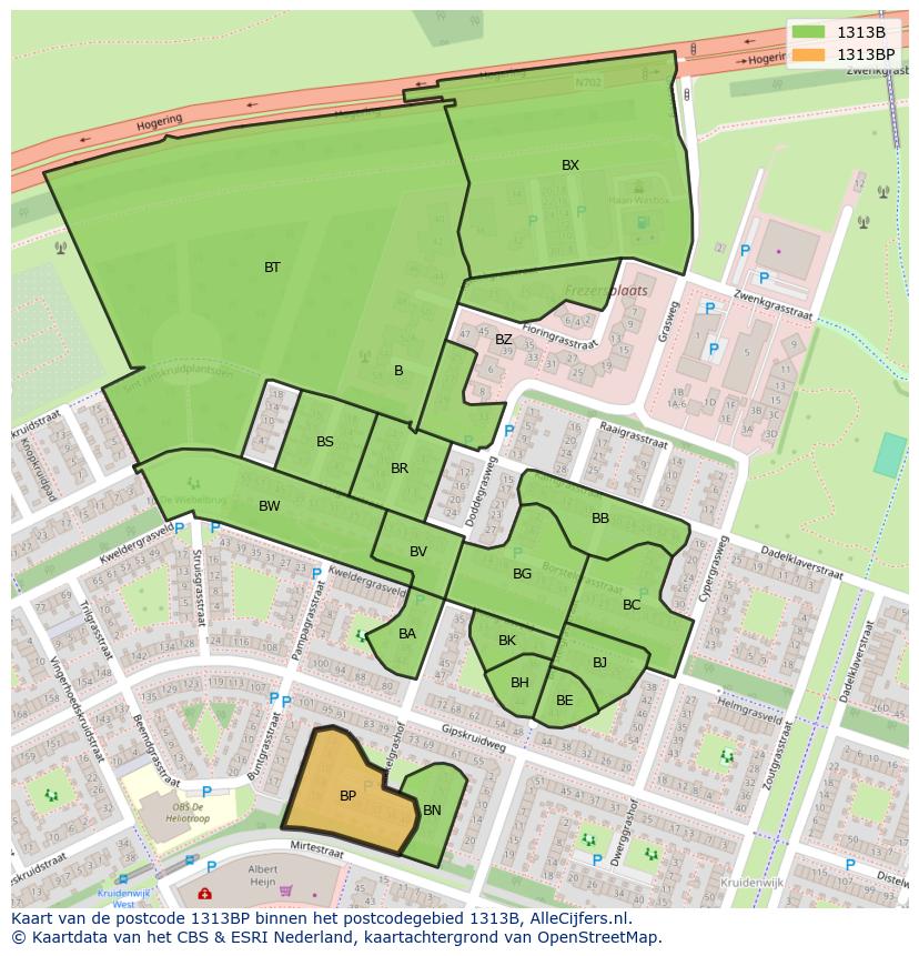 Afbeelding van het postcodegebied 1313 BP op de kaart.