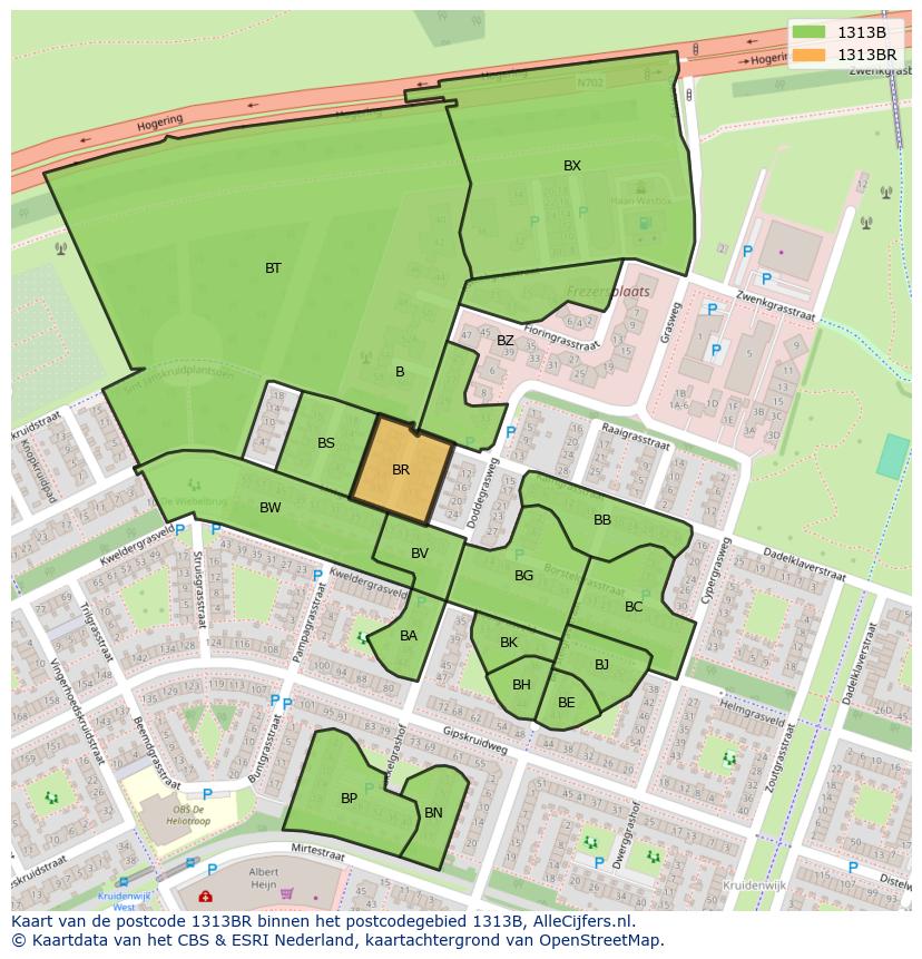Afbeelding van het postcodegebied 1313 BR op de kaart.