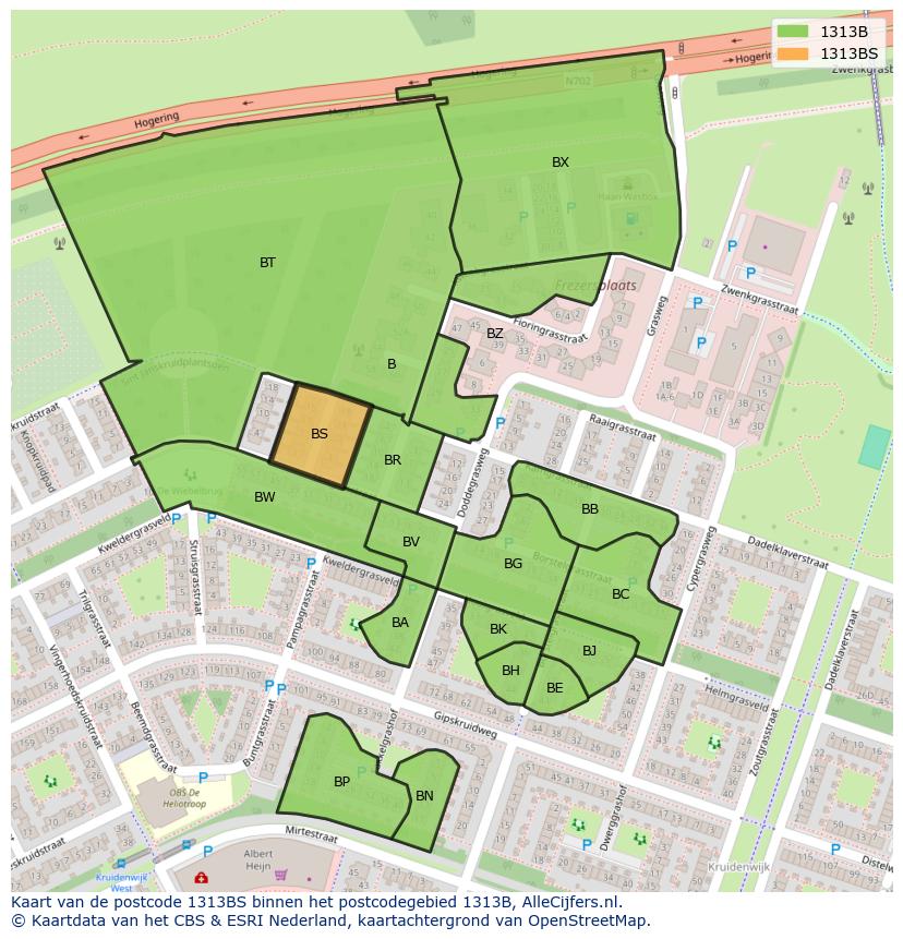 Afbeelding van het postcodegebied 1313 BS op de kaart.