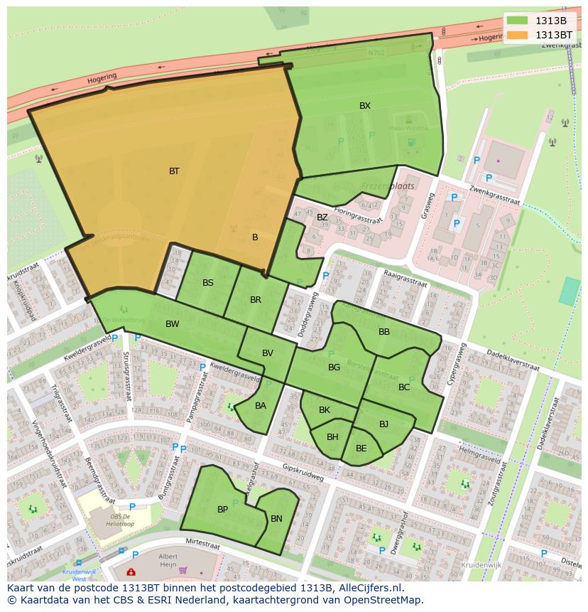 Afbeelding van het postcodegebied 1313 BT op de kaart.
