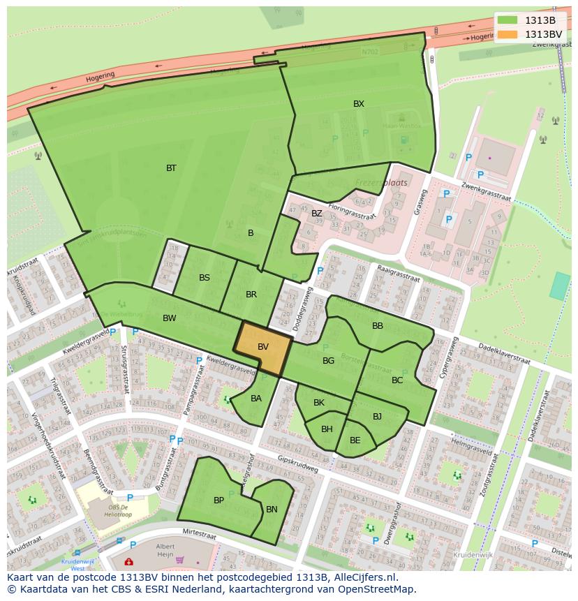 Afbeelding van het postcodegebied 1313 BV op de kaart.