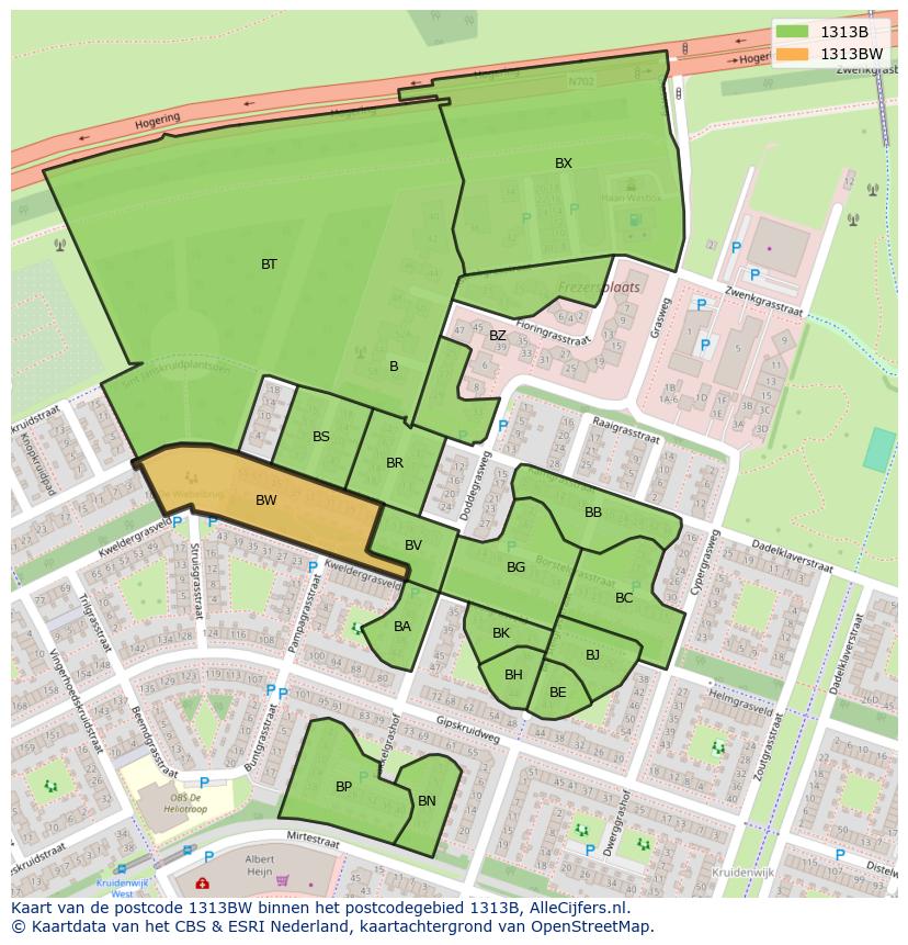 Afbeelding van het postcodegebied 1313 BW op de kaart.