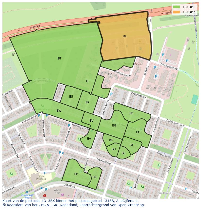 Afbeelding van het postcodegebied 1313 BX op de kaart.