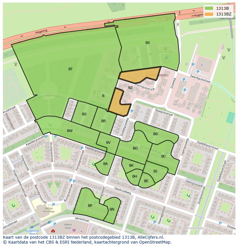 Afbeelding van het postcodegebied 1313 BZ op de kaart.