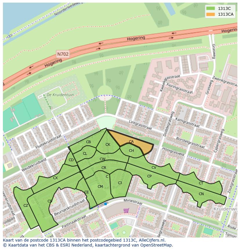 Afbeelding van het postcodegebied 1313 CA op de kaart.