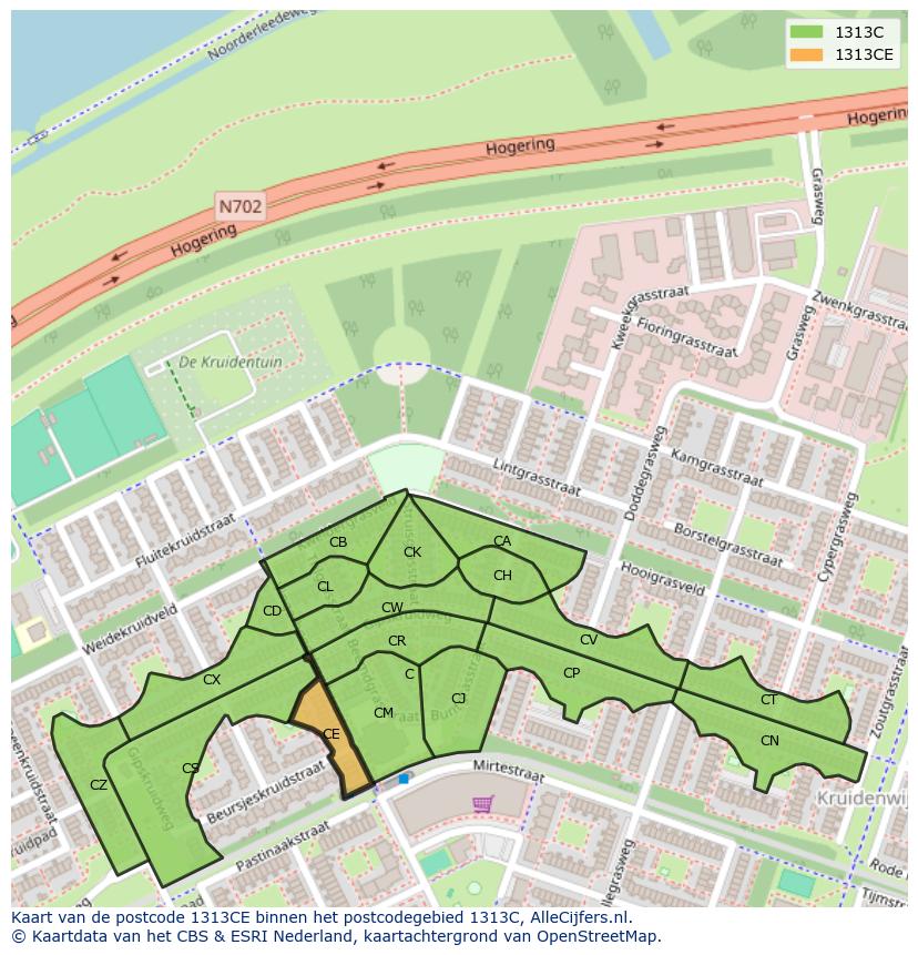 Afbeelding van het postcodegebied 1313 CE op de kaart.