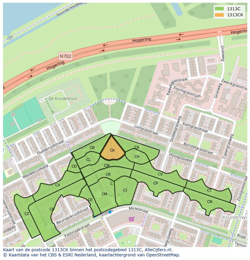 Afbeelding van het postcodegebied 1313 CK op de kaart.