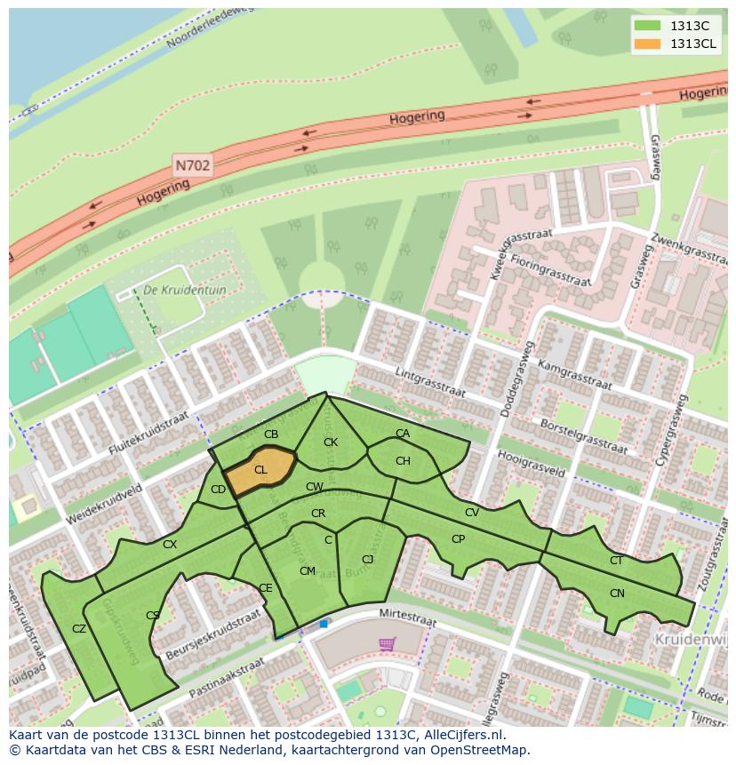 Afbeelding van het postcodegebied 1313 CL op de kaart.
