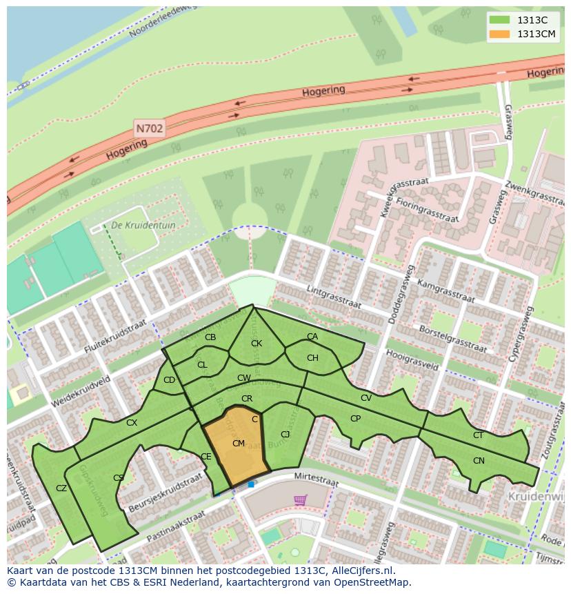 Afbeelding van het postcodegebied 1313 CM op de kaart.