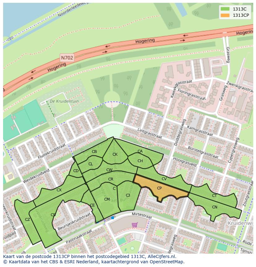 Afbeelding van het postcodegebied 1313 CP op de kaart.