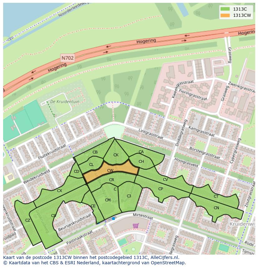 Afbeelding van het postcodegebied 1313 CW op de kaart.