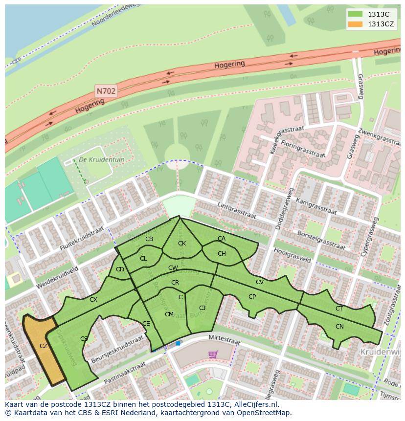 Afbeelding van het postcodegebied 1313 CZ op de kaart.