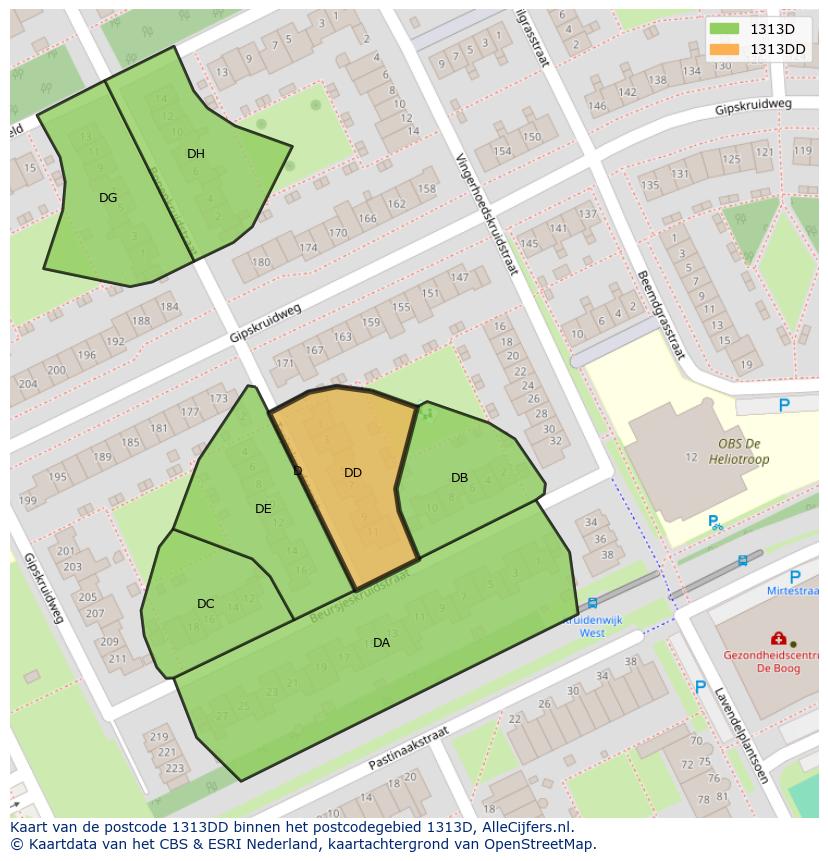 Afbeelding van het postcodegebied 1313 DD op de kaart.