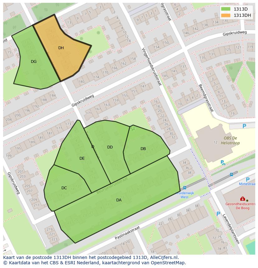 Afbeelding van het postcodegebied 1313 DH op de kaart.