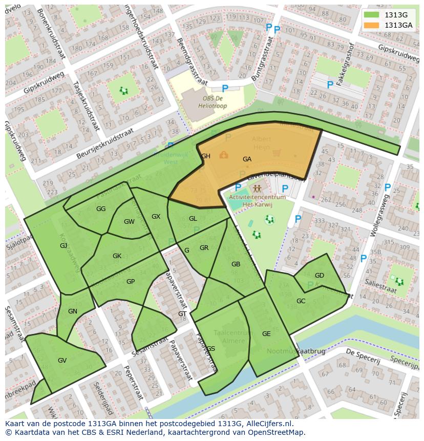 Afbeelding van het postcodegebied 1313 GA op de kaart.
