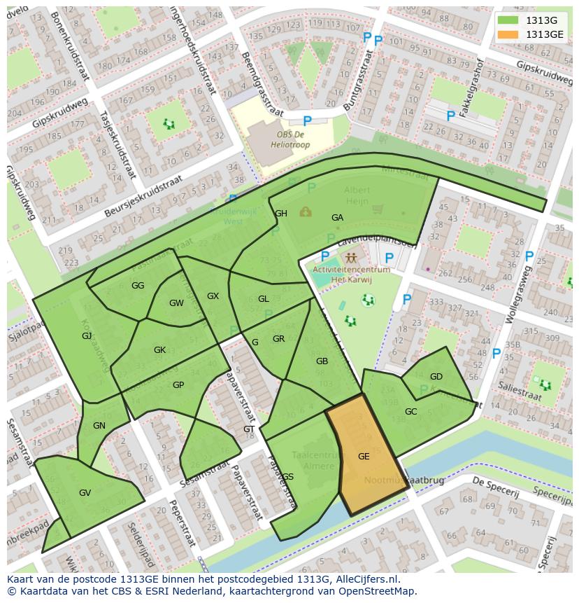 Afbeelding van het postcodegebied 1313 GE op de kaart.