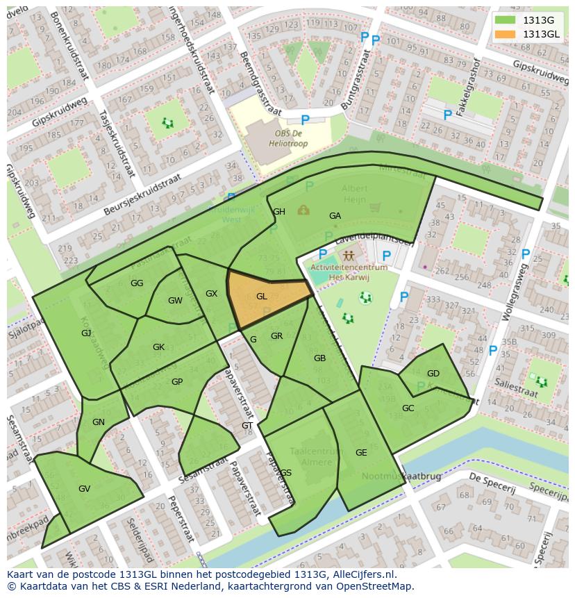 Afbeelding van het postcodegebied 1313 GL op de kaart.