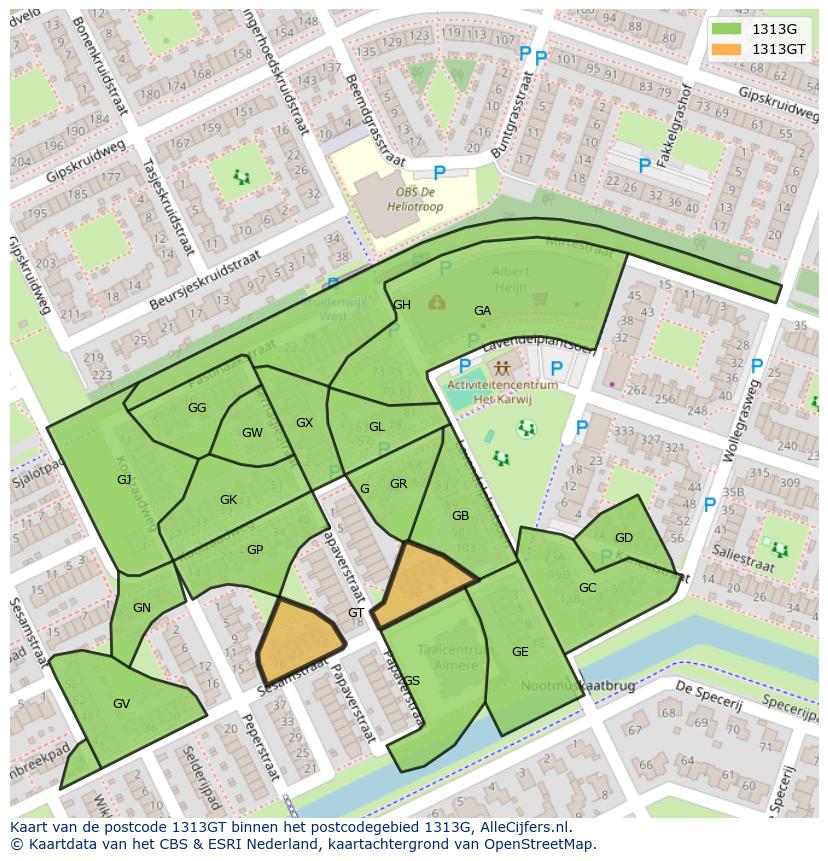 Afbeelding van het postcodegebied 1313 GT op de kaart.