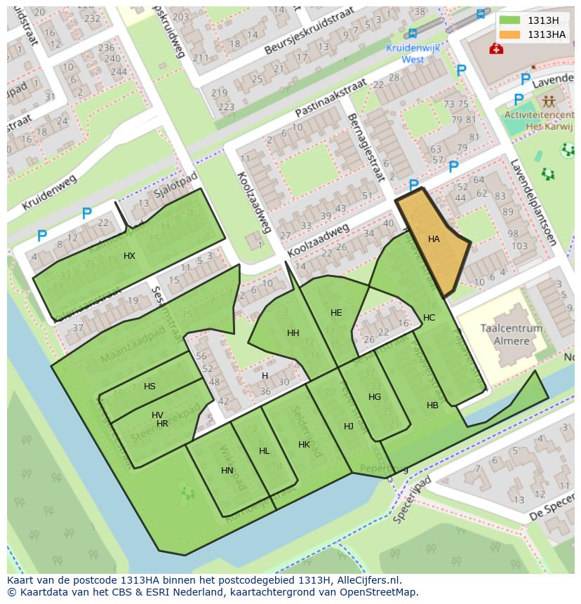 Afbeelding van het postcodegebied 1313 HA op de kaart.