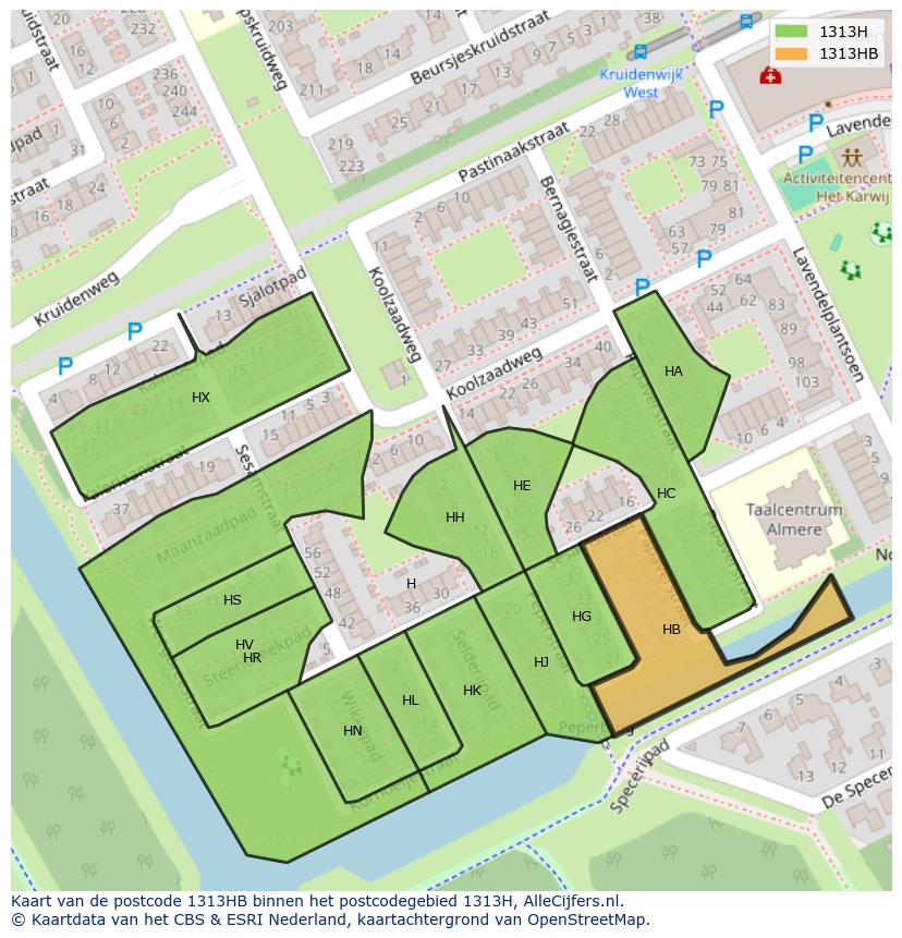 Afbeelding van het postcodegebied 1313 HB op de kaart.