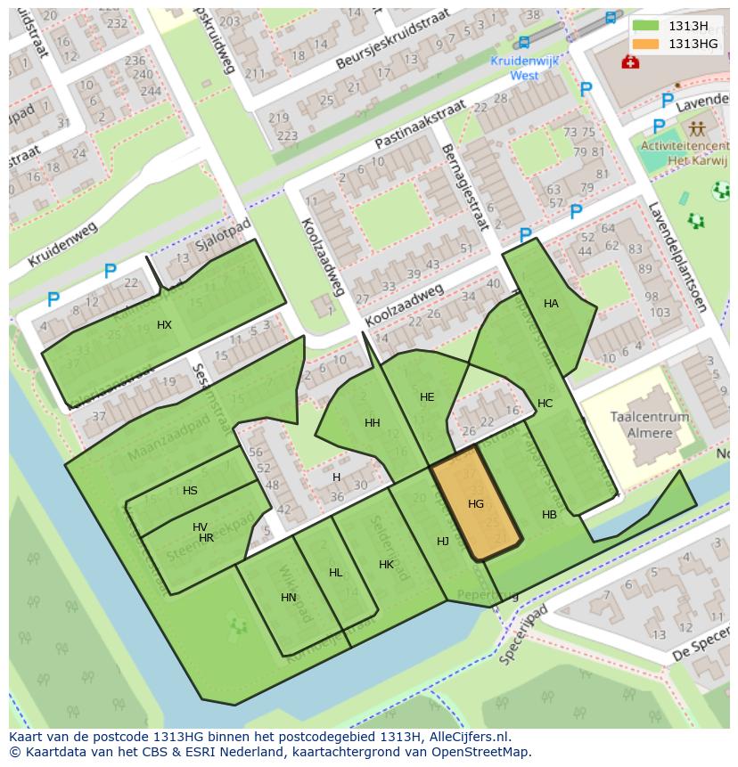 Afbeelding van het postcodegebied 1313 HG op de kaart.