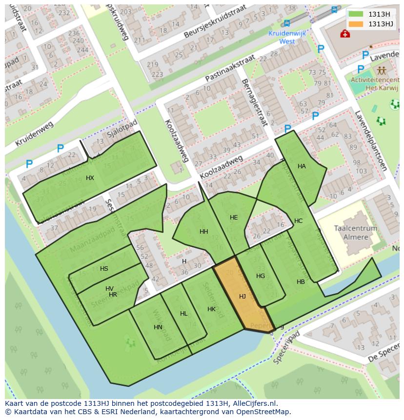 Afbeelding van het postcodegebied 1313 HJ op de kaart.