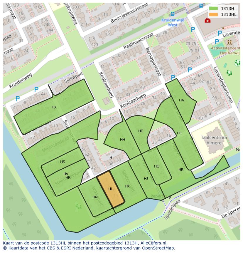 Afbeelding van het postcodegebied 1313 HL op de kaart.
