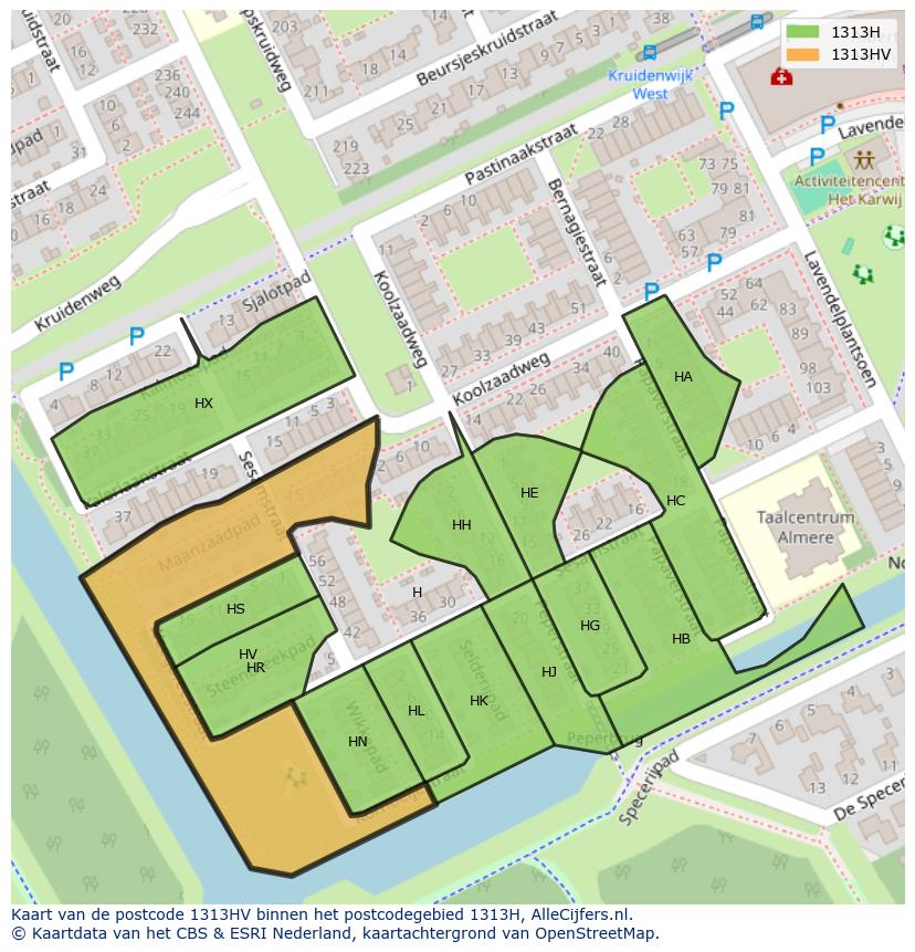 Afbeelding van het postcodegebied 1313 HV op de kaart.