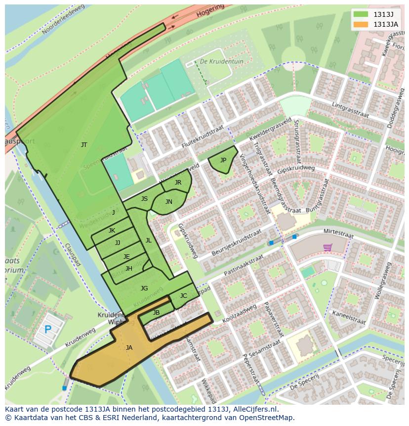 Afbeelding van het postcodegebied 1313 JA op de kaart.