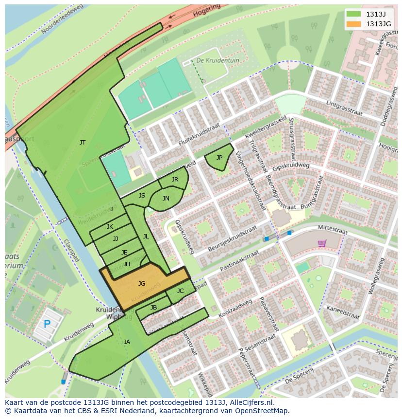 Afbeelding van het postcodegebied 1313 JG op de kaart.
