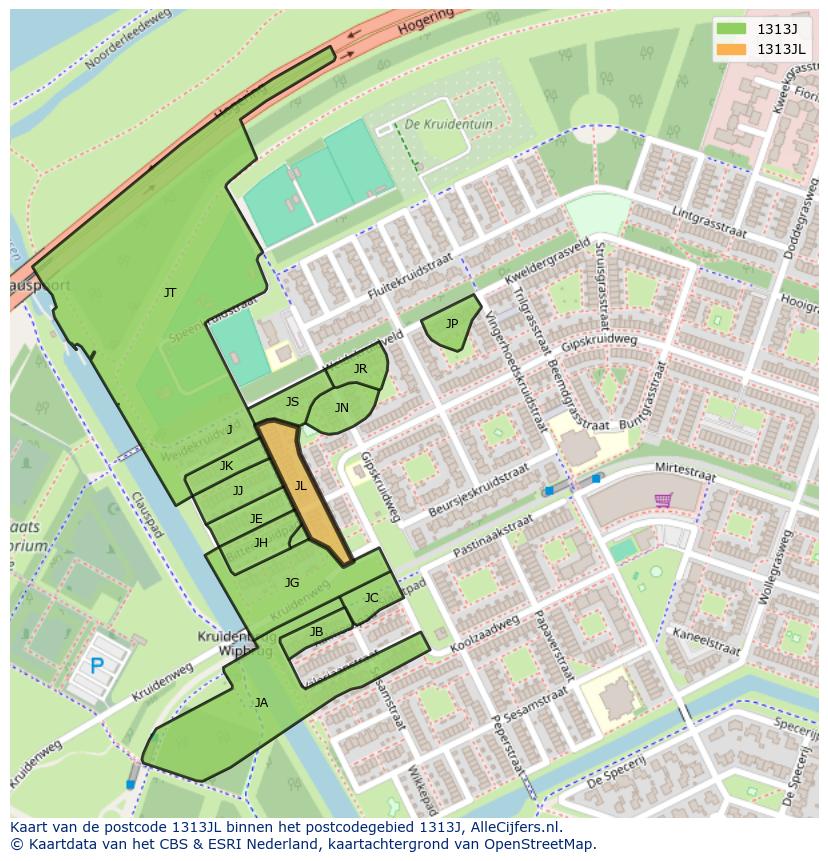 Afbeelding van het postcodegebied 1313 JL op de kaart.