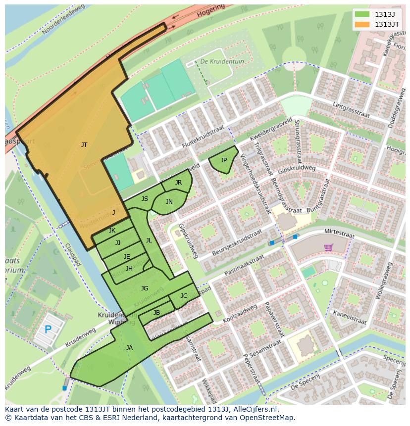 Afbeelding van het postcodegebied 1313 JT op de kaart.