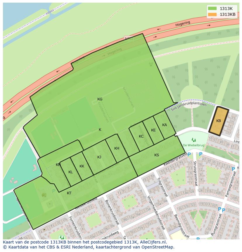 Afbeelding van het postcodegebied 1313 KB op de kaart.