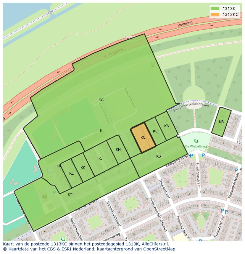 Afbeelding van het postcodegebied 1313 KC op de kaart.